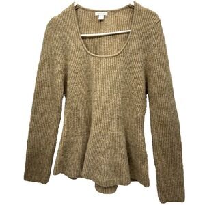 Cache XL Tan Ribbed Knit Peplum Sweater Top Scoop Neck Long Sleeve Soft Cozy